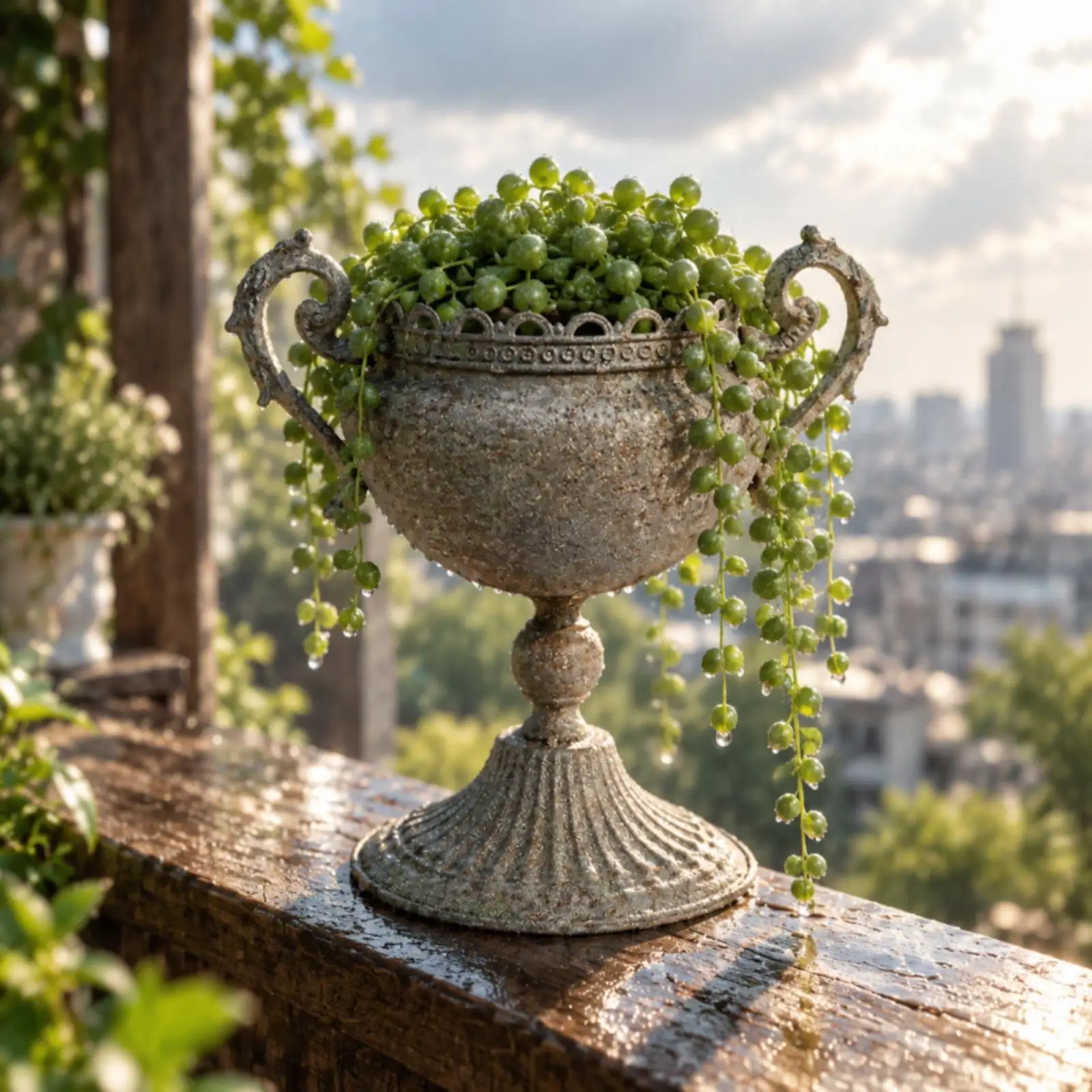 Antique Decorative Planter Metal Flower Pot Vintage Pedestal Stand with Fluted Base for Indoor Greenery