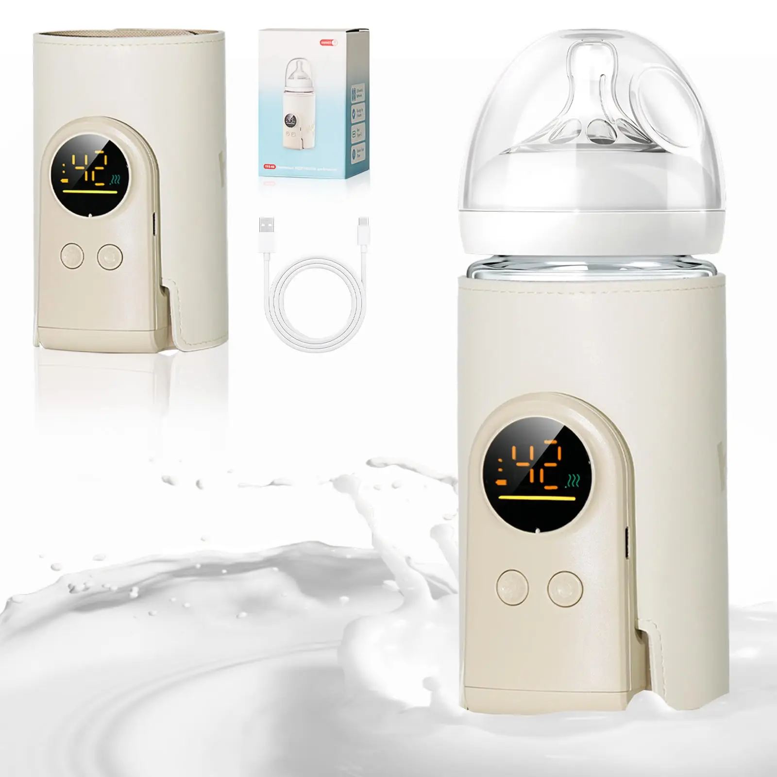 Ultra-Portable Wireless Bottle Warmer, No Water Needed, Rechargeable Travel Milk Warmer with Temperature Control & Night Light