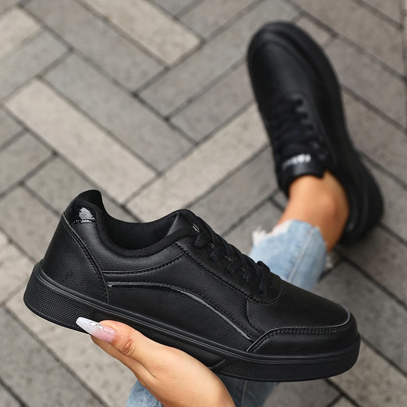 

New Women's Black Sneakers Fashion Forward Design Black Leather Fashion Low Top Casual Shoes Plus Size Platform Vulcanized Shoe