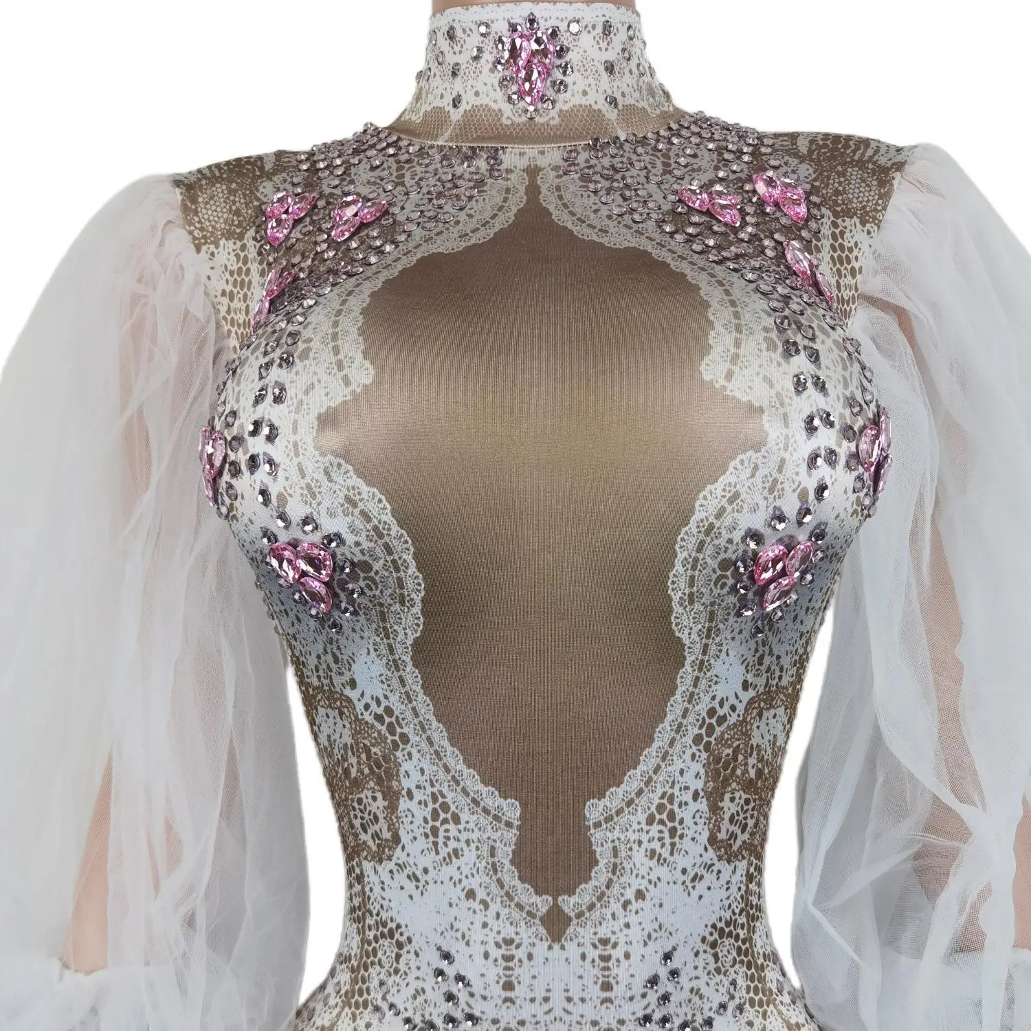 

Shining Rhinestones Sexy Long Gauze Folds Sleeves Jumpsuits Women Carnival Party Club Clothing Stage Perform Costumes Leisihua