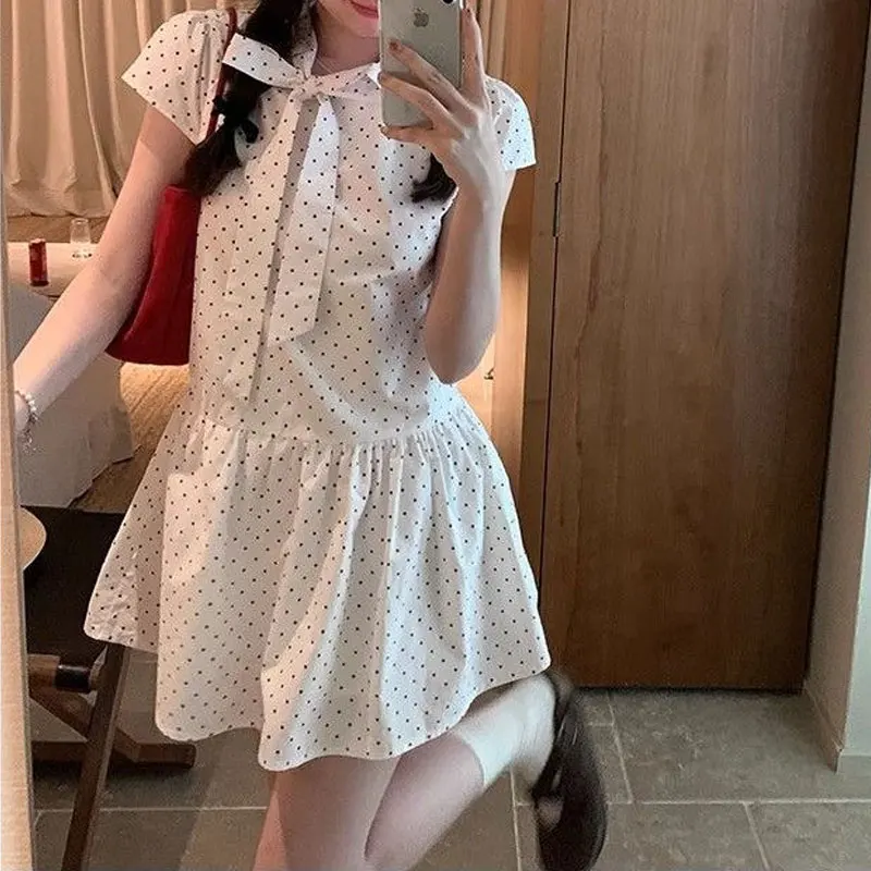 

Summer Sweet Red Polka Dot Mini Dress Printed Short Sleeve Female Clothing Stylish Ribbon Drawstring Basic O-Neck Waist Dresses