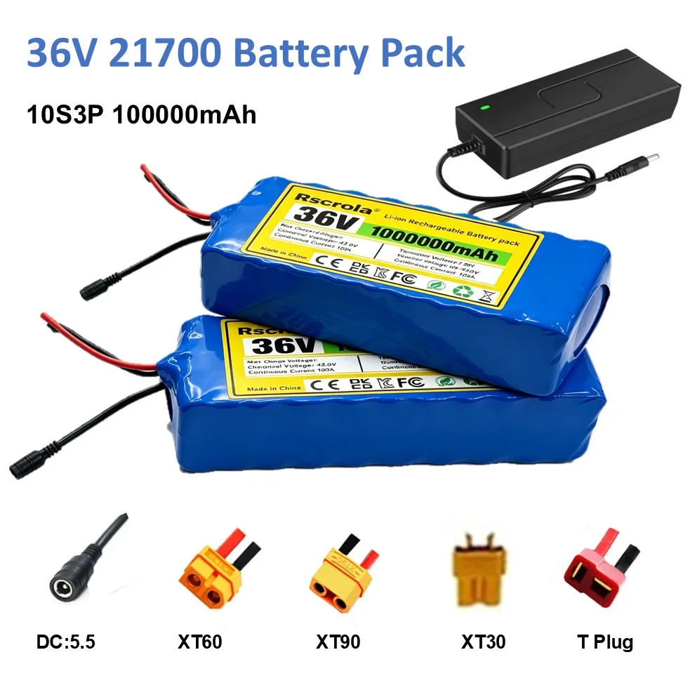 Automobile-grade 36V 100Ah 21700 Lithium Battery Pack 1500W High Power For Electric Motorcycle Scooter With BMS + 42V 5A Charger