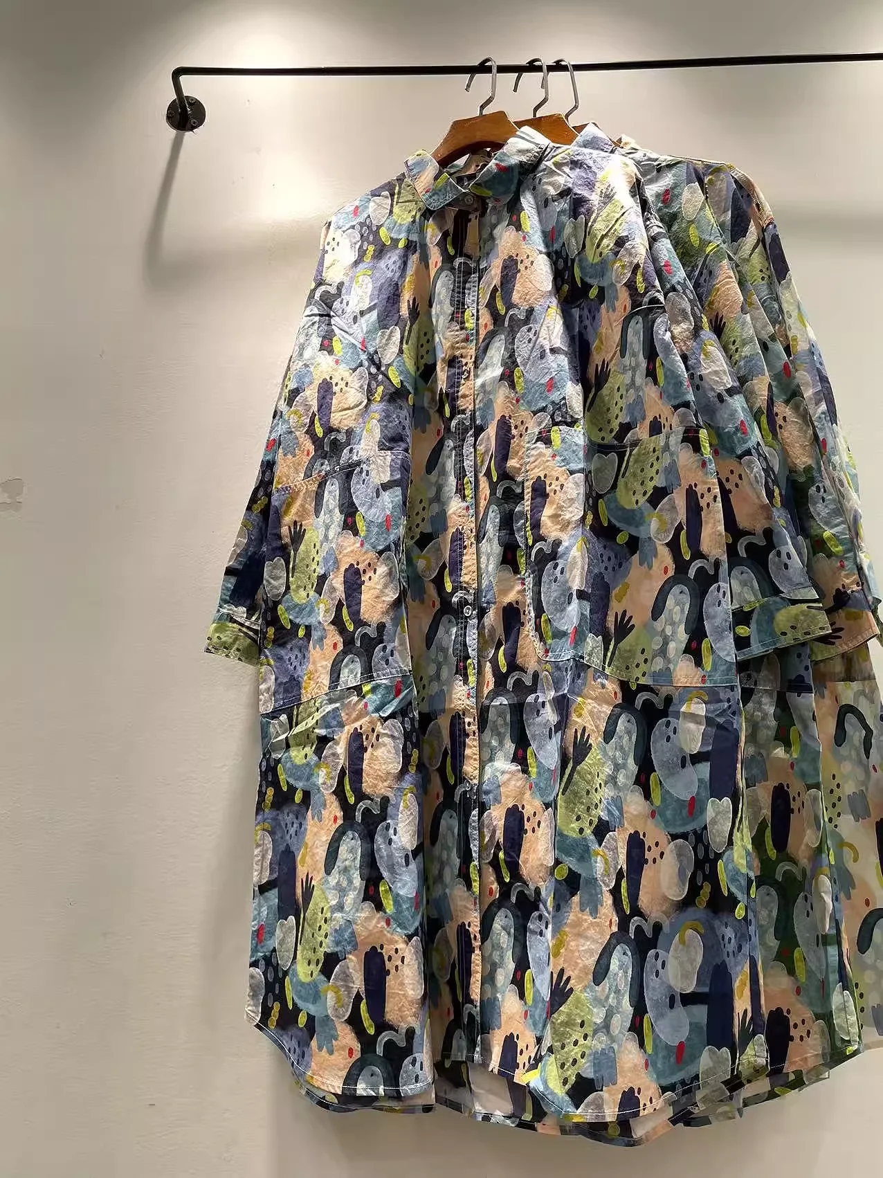 플러스 사이즈 가을 여성 의류 100% 코튼 만화 프린트 셔츠 드레스 여성용 하라주쿠 패션 하프 슬리브 블라우스 드레스