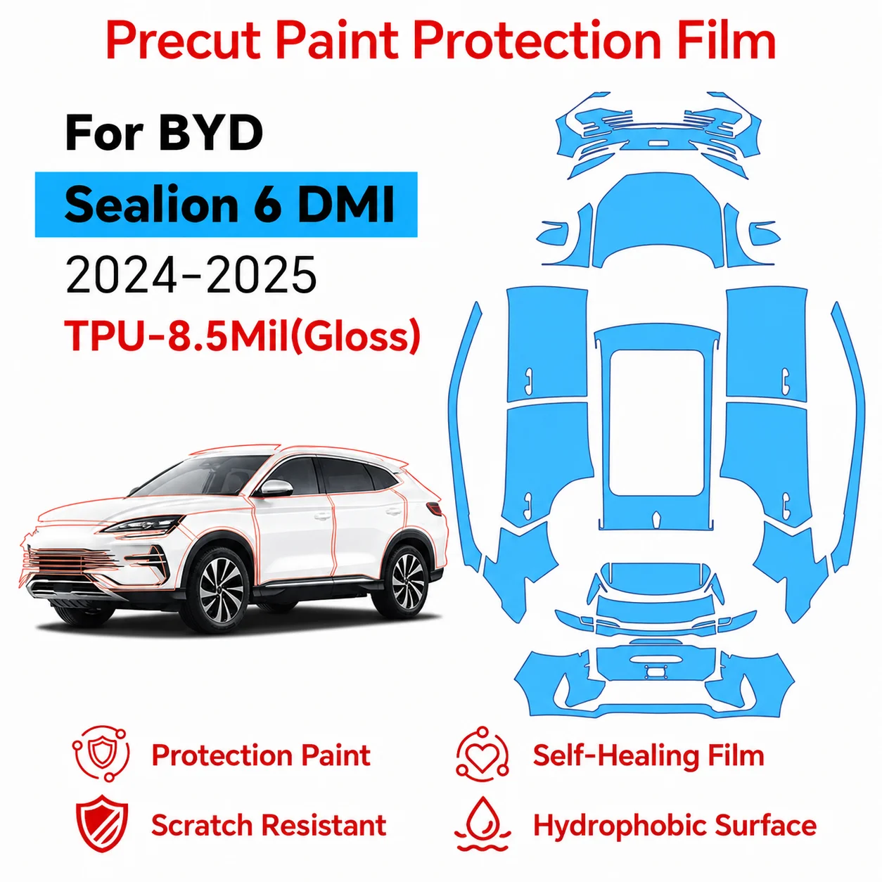 FOR BYD SEALION 6 DMI 2023-2025 TPU Scratch Resistant Paint Protection Film Clear Bra Pre-cut PPF Decal Sticker Self-adhesive