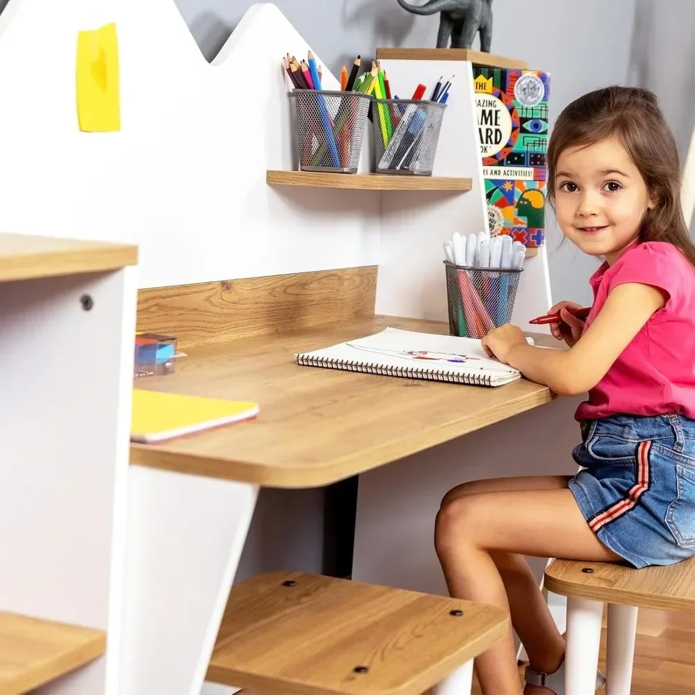 Kid\'s Study Desk with Bookshelf + 2 Stools for Ages 3-8, Wooden Children Activity Table with Hutch and Shelves-Light Walnut