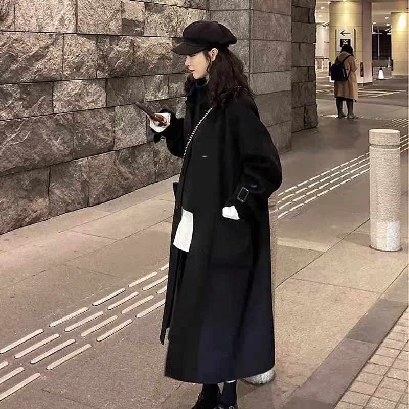 Women Blends Single Breasted Button Turn Down Solid Korean Coats Pockets Jackets Wool Loose Fit Warm Winter Hepburn Style 2024