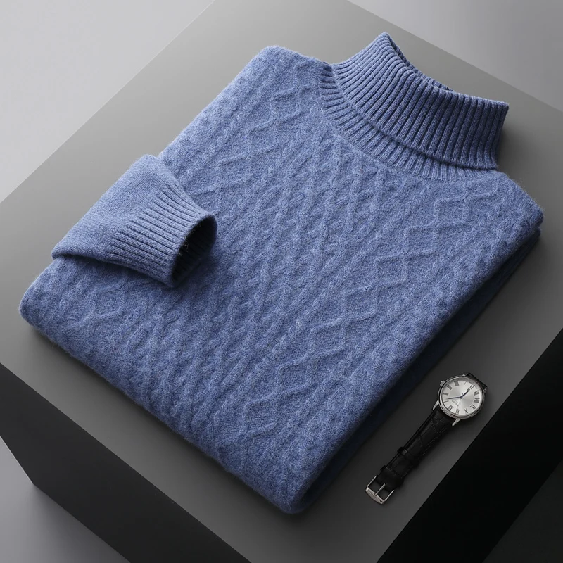 

New autumn and winter 100% merino wool men's high-necked double-stranded thick jacquard pullover sweater knitted bottoming shirt