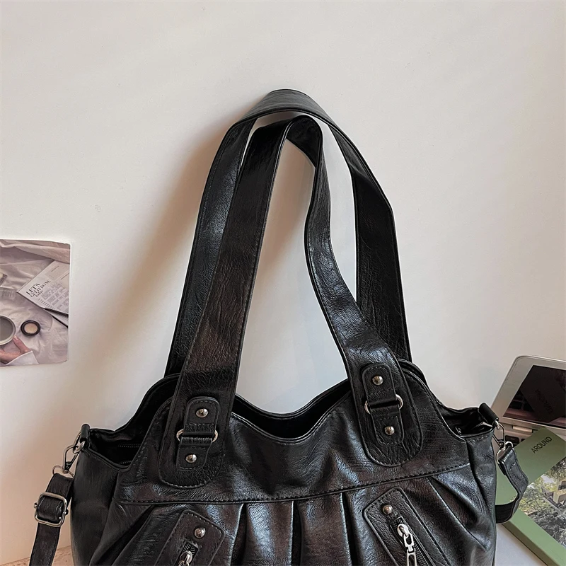 Vintage PU-Leder Tragetasche für Damen, Große Kapazität, Casual Tragetasche, Damen Schulter- und Umhängetasche für Arbeit, Reisen und den täglichen Gebrauch – Detail 17