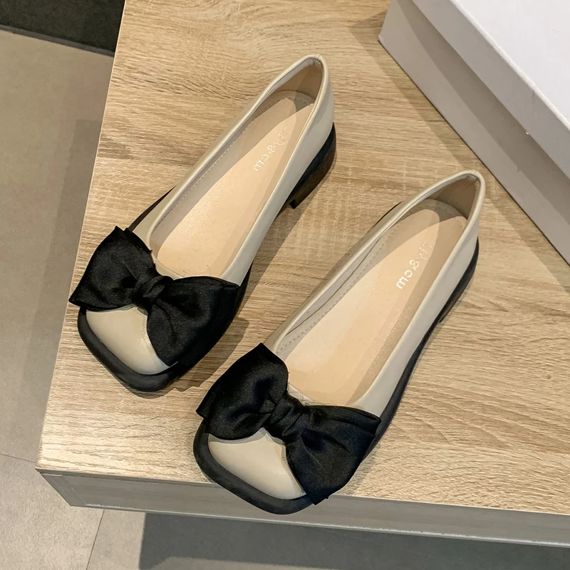 Korean Version Bowknot Low Heel Mary Jane Small Leather Shoes 2023new Fashion Casual Simple All-match Shoes for Women Summertime