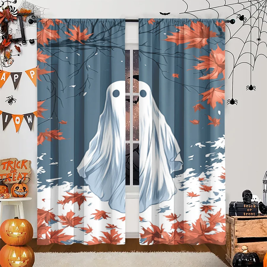2PCS Digital Print Curtain, White Sheet Ghost Autumn Leaves, Grey Background Halloween Fun Style for Living Room Bedroom Decor