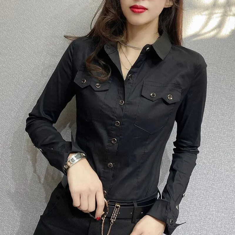 Autumn Winter Elegant Fashion Harajuku Shirt Lady Loose Casual All Match Chic Blusa Solid Button Pockets Long Sleeve Tops Women