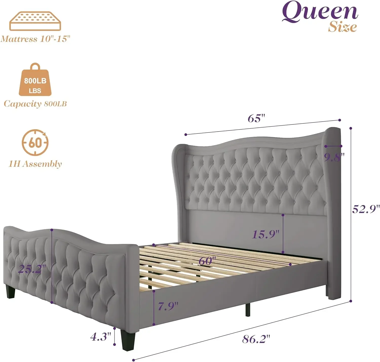 Cadre de lit à plateforme Queen Size ondulé, lit à oreilles de 53 "avec bouton profond fait à la main, planche de sauna touffetée, pied de lit