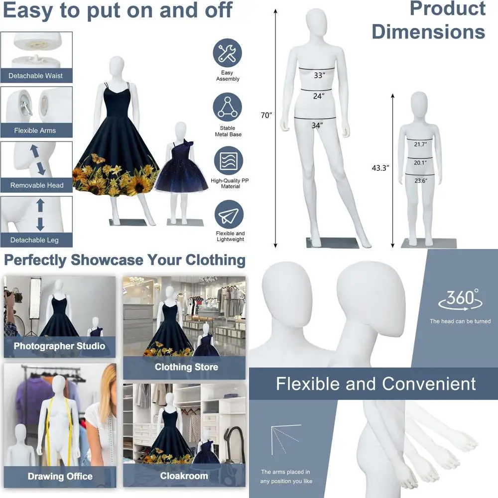 

2-Piece Full Body Mannequin Set with Metal Stand, Adjustable Faceless Display for Retail & Cosplay, White