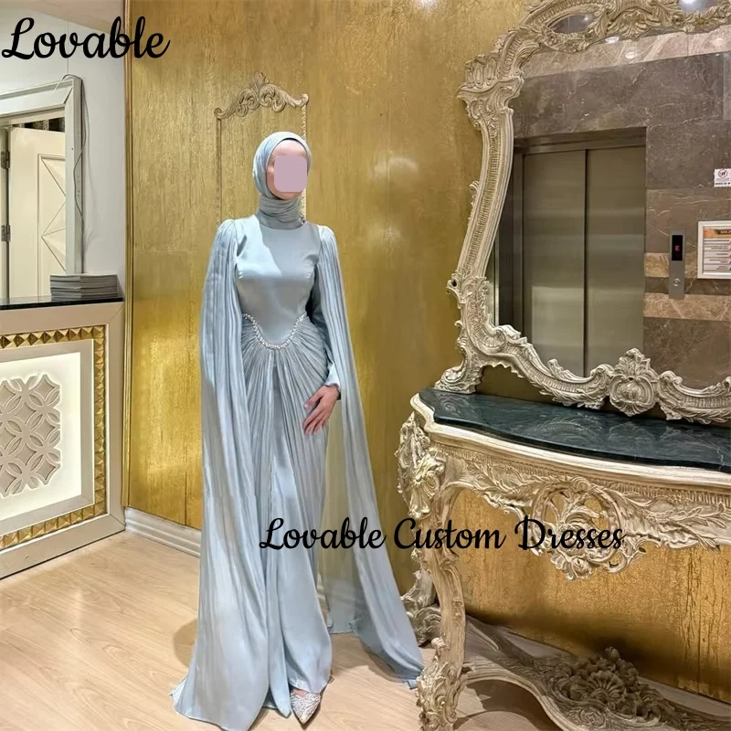 Personalizza abito da sera colonna blu cielo maniche lunghe scollo rotondo abito da cerimonia nuziale lunghezza pavimento perline cerniera formale