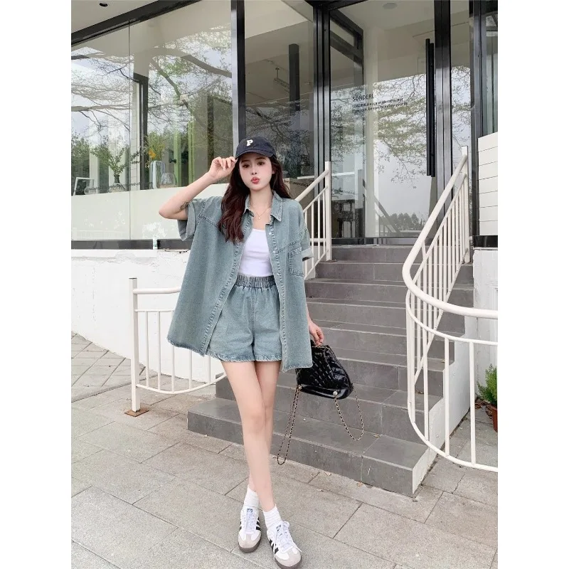 Women Shirt Shorts Two Pieces Suit Fashion Explosive Street Female Summer Leisure Loose Appear Thin Senior Retro Cowboy