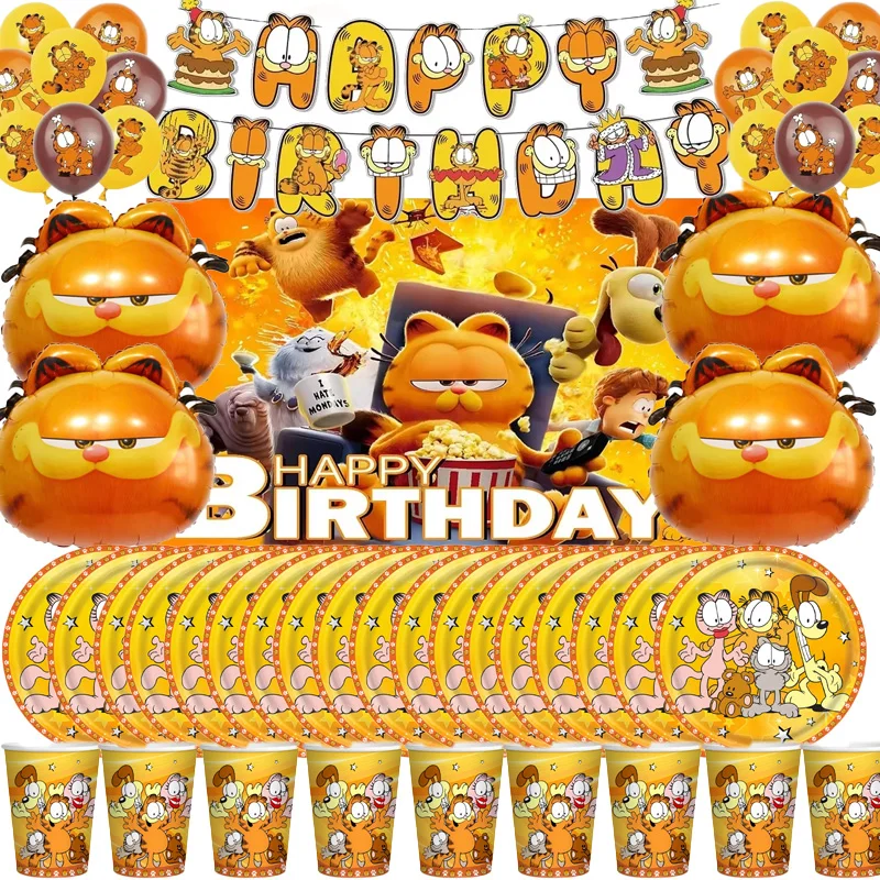 Niedliche Orange Katzen-Geburtstagsparty-Dekoration: Garfield-Ballons, Banner, Hintergrund, Tischgeschirr, Becher, Babyparty-Zubehör, Geschenk