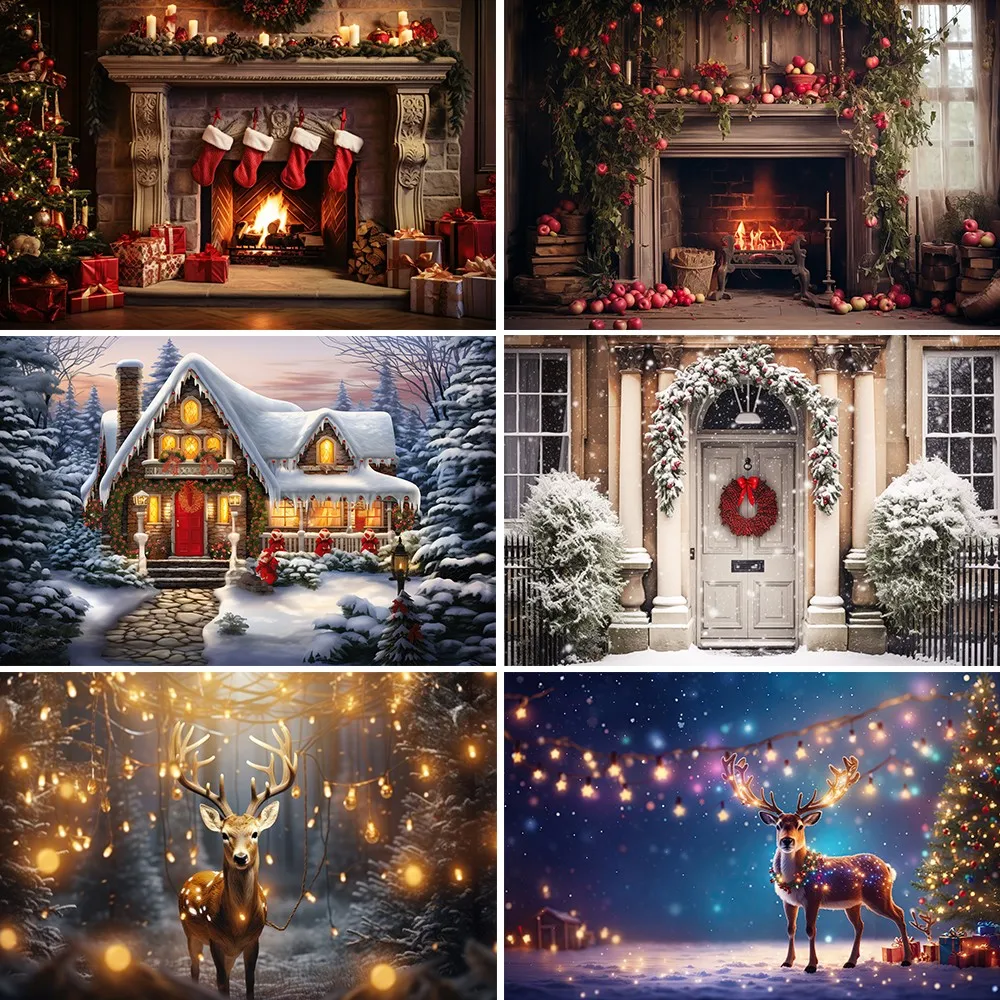 Bonvvie Christmas Photography Background Xmas Tree Snowflake Deer Santa Claus Gift Family Party Decoration Photo Studio Backdrop