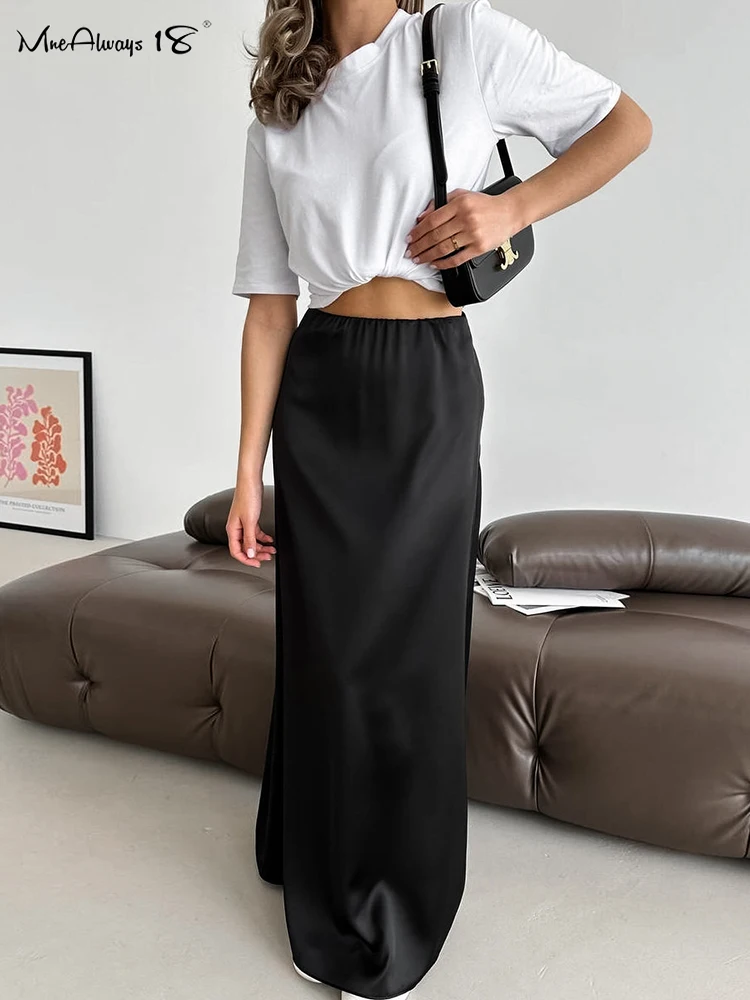 Mnealways18 Black Satin Floor-Length Skirts Women Summer 2024 High Waist Casual Long Skirts Office Ladies Flowing Midi Skirts