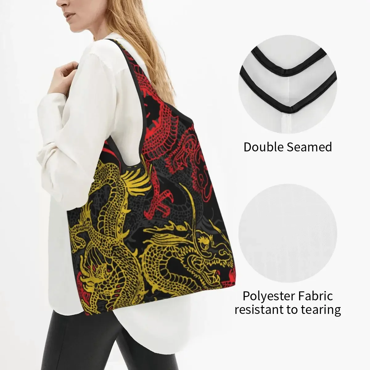 Funny Golden Dragon Pattern Shopping Tote Bags Portable Asian Folklore Mythology Groceries Shoulder Shopper Bag