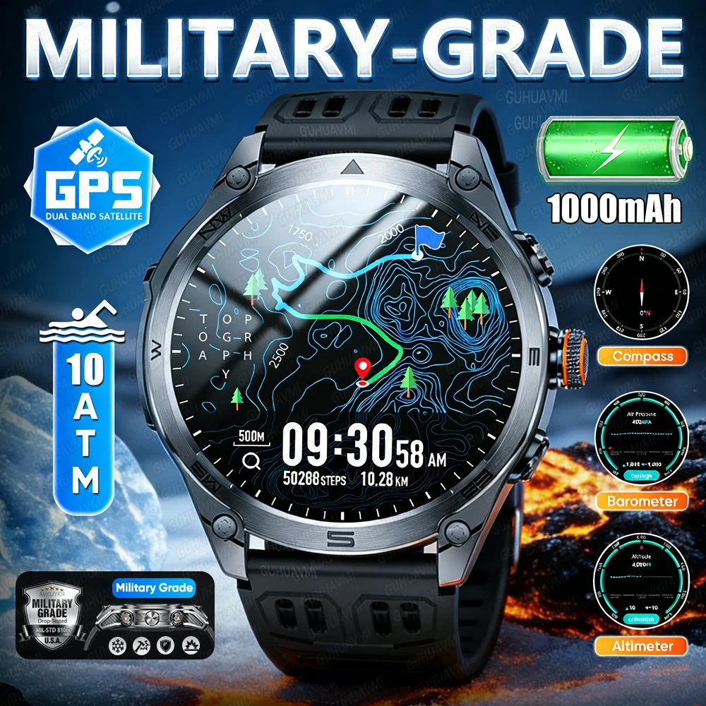 

2026 Newly Upgraded Men Military 1000mAh Battery Smart Watch Built in GPS Compass Altimeter Bluetooth Call 10ATM Swim Smartwatch