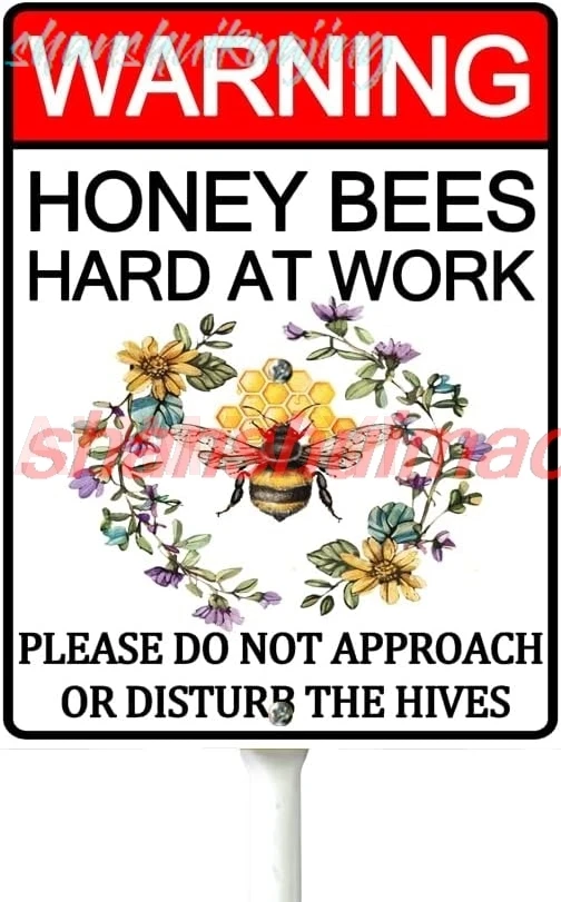 Bee Warning Yard Sign with Stake Honey Bees Hard At Work Metal Sign Farmhouse Flower Wreath Rustproof Aluminum Sign for Yar sign