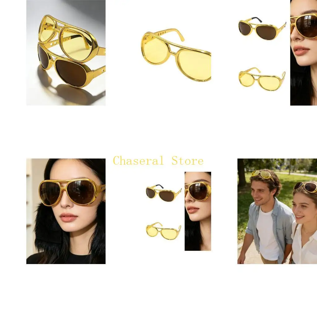 E7CE Trendy Gold Frame Novelty Party Glasses Rock n Roll Theme Sunglasses For Concerts And Photography 50S 60S Theme Party Wear