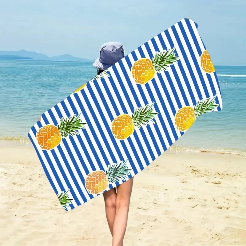 Cute Pineapple Blue White Striped Beach Towel Tropical Fruit Print Sand-Free Towel Summer Vacation Travel Use