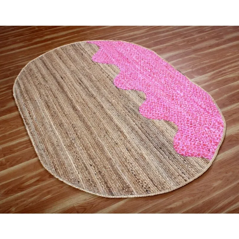 Pink Oval Jute Carpet Hand Woven Carpet Geometric Kilim Carpet Area Rug for Living Room Decortaion