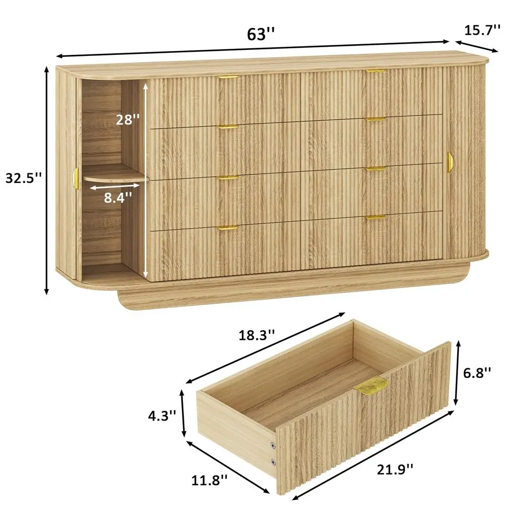 Tambour Dresser for Bedroom with 8 Drawers, Modern Chest of Drawers with Sliding Doors amp 4 Shelves, Fluted Dresser Storage Or