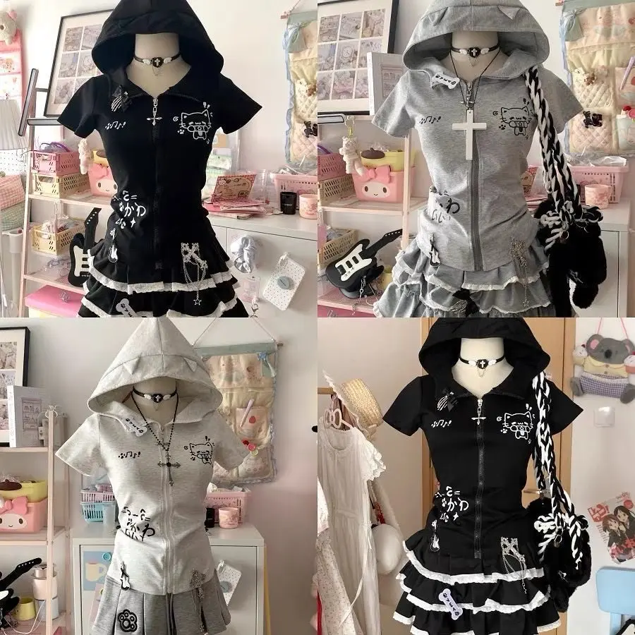 

Subculture Y2k Millennial Japanese Two-dimensional Yabi House Cat Ear Hooded T-shirt Women's Summer Short-sleeved Top Jacket