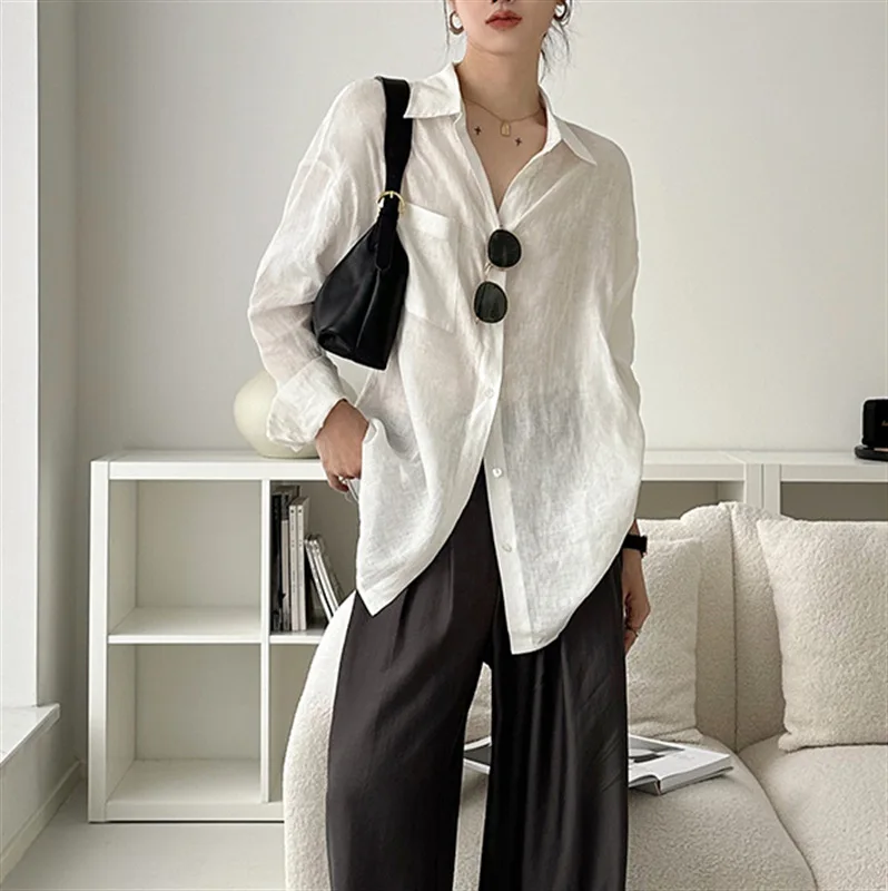 Casual Linen Blue Shirt Women Spring and Summer Sun Protection Cardigan Solid Color All-match Shirts with Button Lady Streetwear