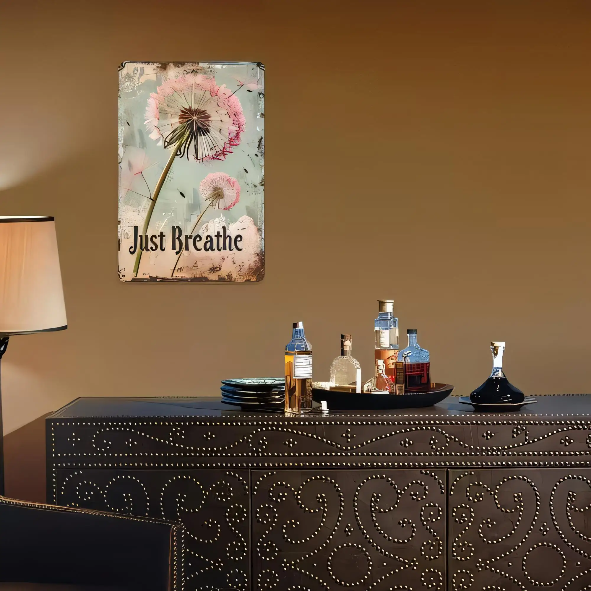 Tin Sign Vintage Just Breathe Dandelion Flower Wall Plaque Metal Poster Art for Bedroom Living Room Meditation Relaxing Quote De