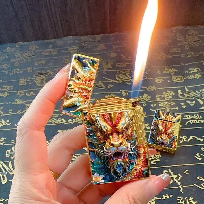 New Butane Gas Lighter Long Metal Exquisite Pattern Flip Cover Side Sliding Lighter Cigarette Accessories Men\'s Small Gift