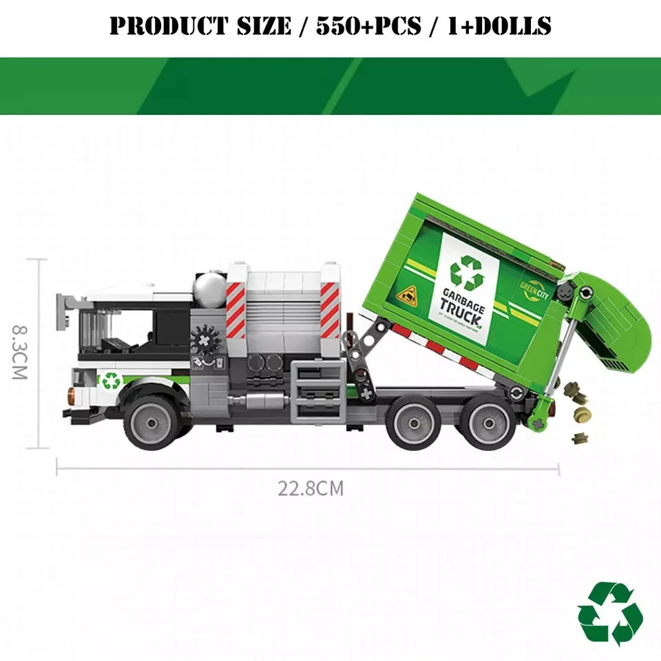 City Technical Sanitation Garbage Truck Car Vehicle Building Blocks MOC Cleaning Car Model Assemble Bricks Toy For Kids