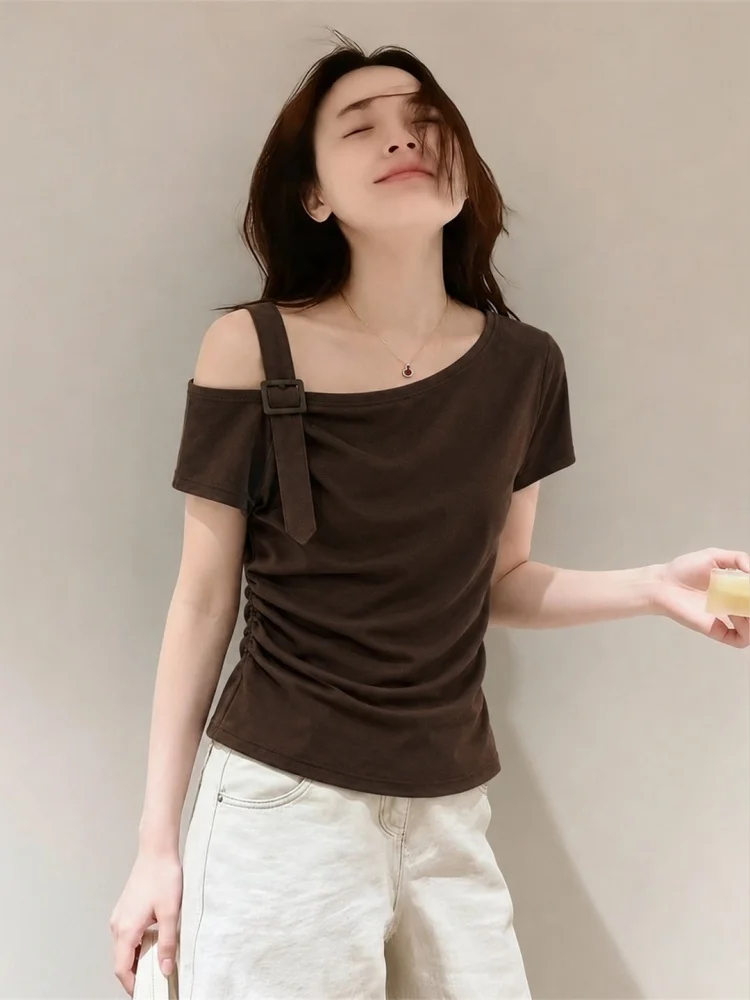 Café Brown Pure Desire Asymmetrical Shoulder Tied Short Sleeve Women's T-Shirt Summer Pleated Slimming Versatile Top