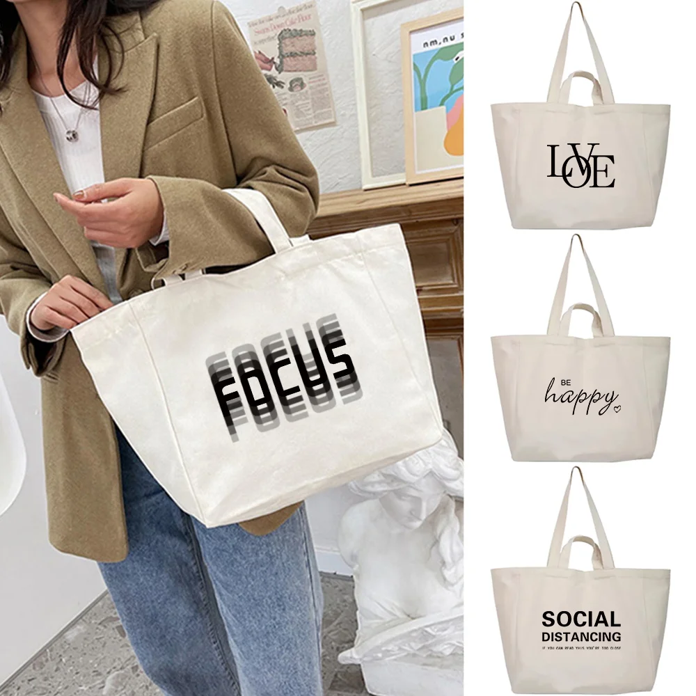 Shoulder Bag Women Canvas Handbags Portable Travel Shopping Bags 2024 Organizer Casual Wild Storage Pouch Text Print Tote Packet