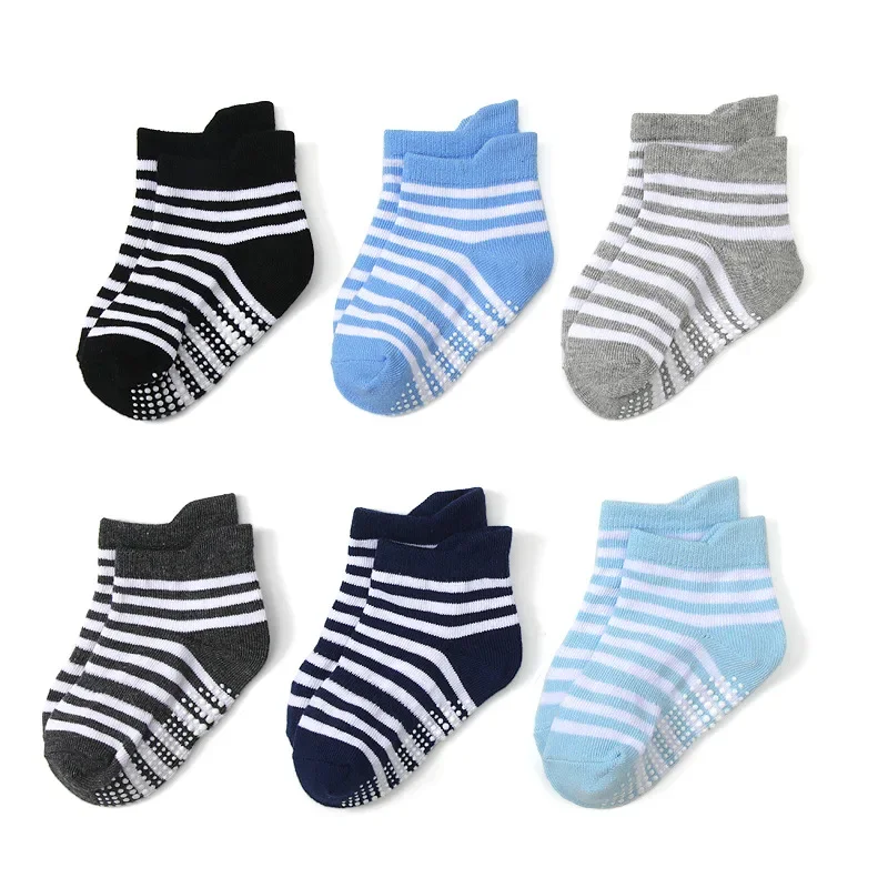 6-Pack Baby Floor Socks  Striped Breathable Cotton  Non-Slip Rubber-Soled for Boys