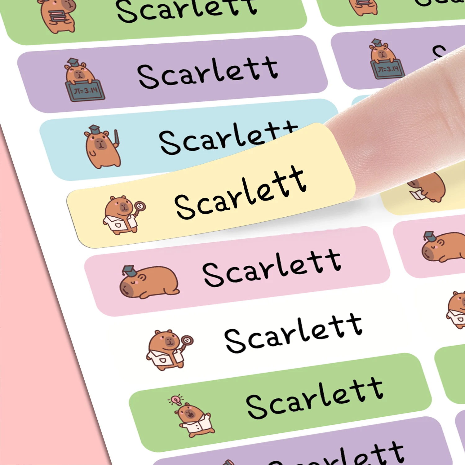 Étiquettes autocollantes holographiques avec texte personnalisé, étiquettes Capibara imperméables pour fournitures scolaires, bouteilles d'eau, boîtes à déjeuner personnalisées