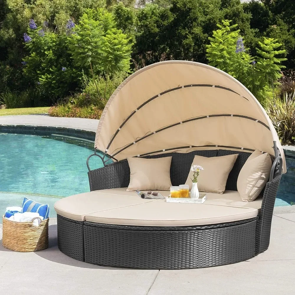 

Small outdoor sofa bed with retractable roof, rattan combination seat, washable cushion, porch circular sofa bed