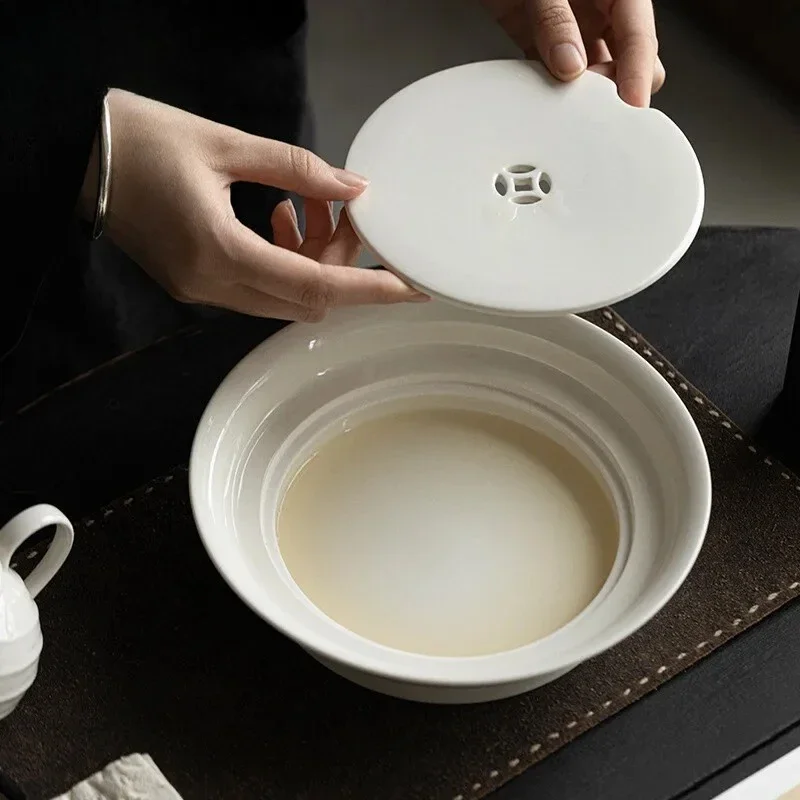 Retro Grass Wood Gray Glazed Tea Tray Large Household Water Storage Pot Bearing Holder Double-layer Dry Brewing Table Tea Items