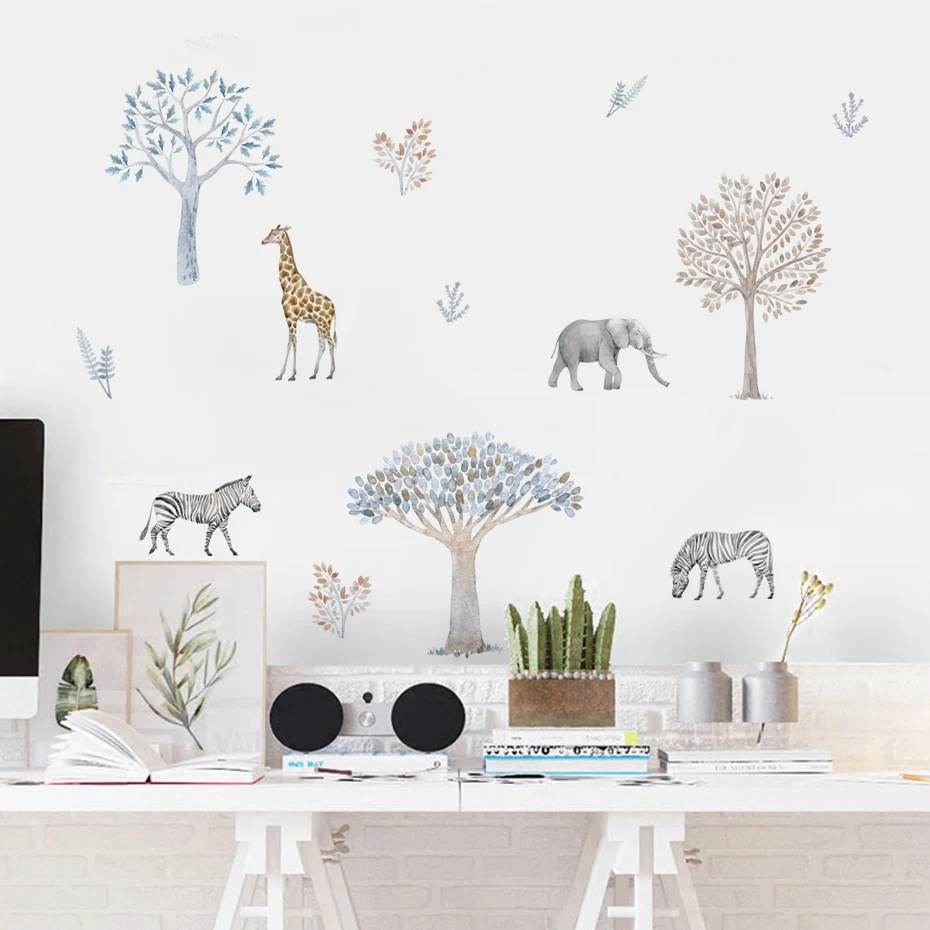 Caroon Elephant Zebra Animals Trees Watercolor Vinyl Nursery Wall Decals Print Kids Girls Boys Room Interior Home Decor