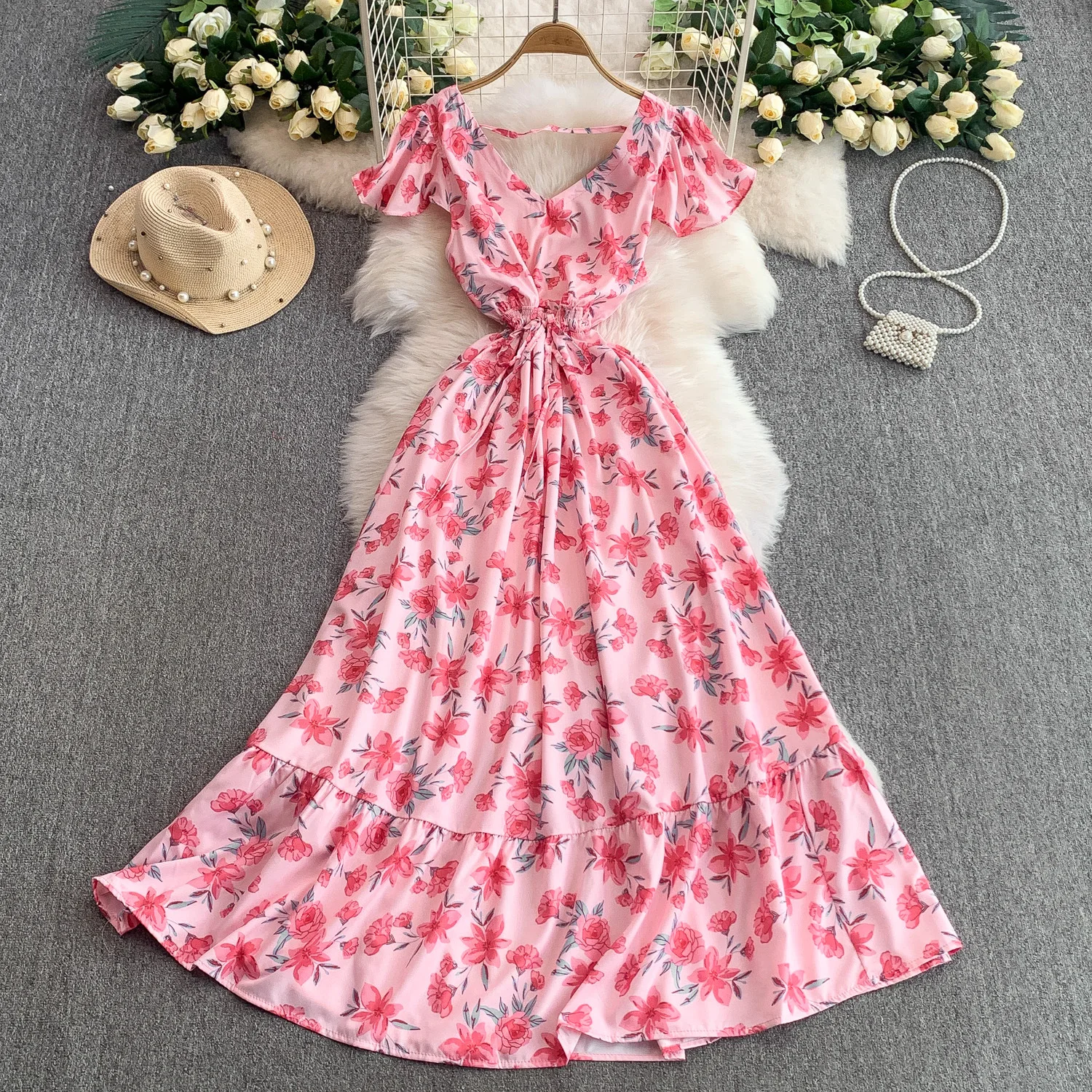 2025 Holiday Bohemian Floral Print Dress Women Summer Short Sleeve V-Neck Drawstring Waist Ruffle Long Dress Boho Beach Vestidos
