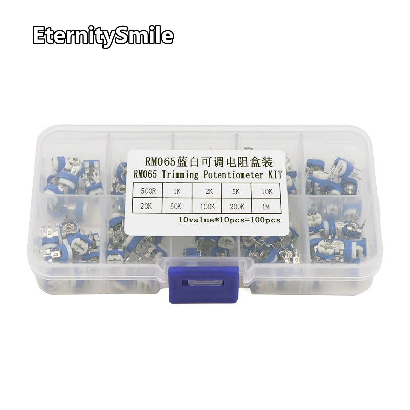 100Pcs/Box RM065 Carbon Film Horizontal Trimpot Potentiometer Assortment Kit 10 Values Variable Resistor 500R - 1M