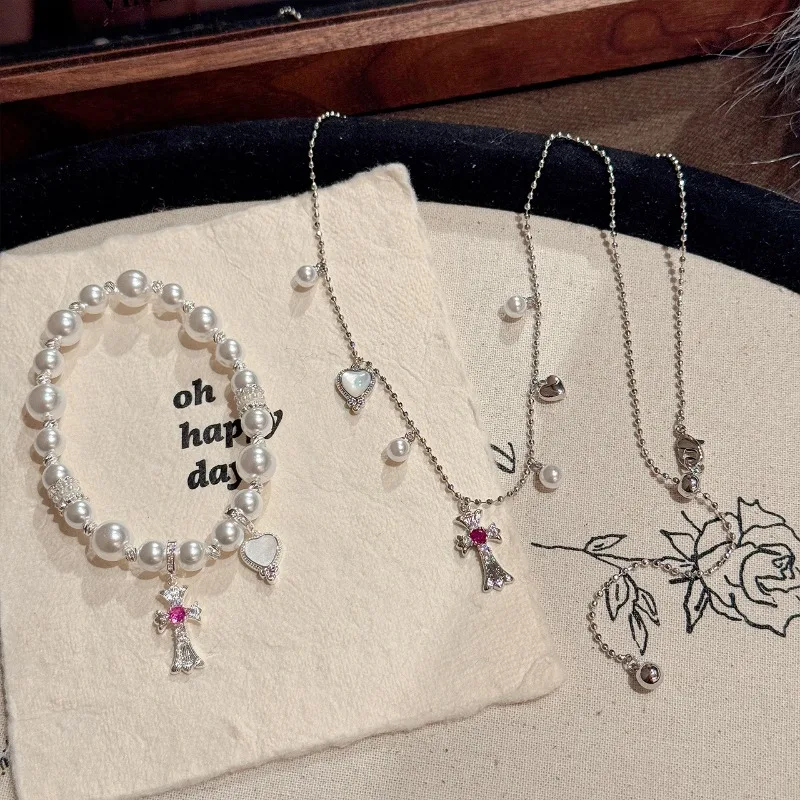 

Cross Pearl Bracelet Necklace Light Luxury Niche High Sense Versatile Clavicle Chain Sweet Cool Wind Delicate Necklace Bracelet