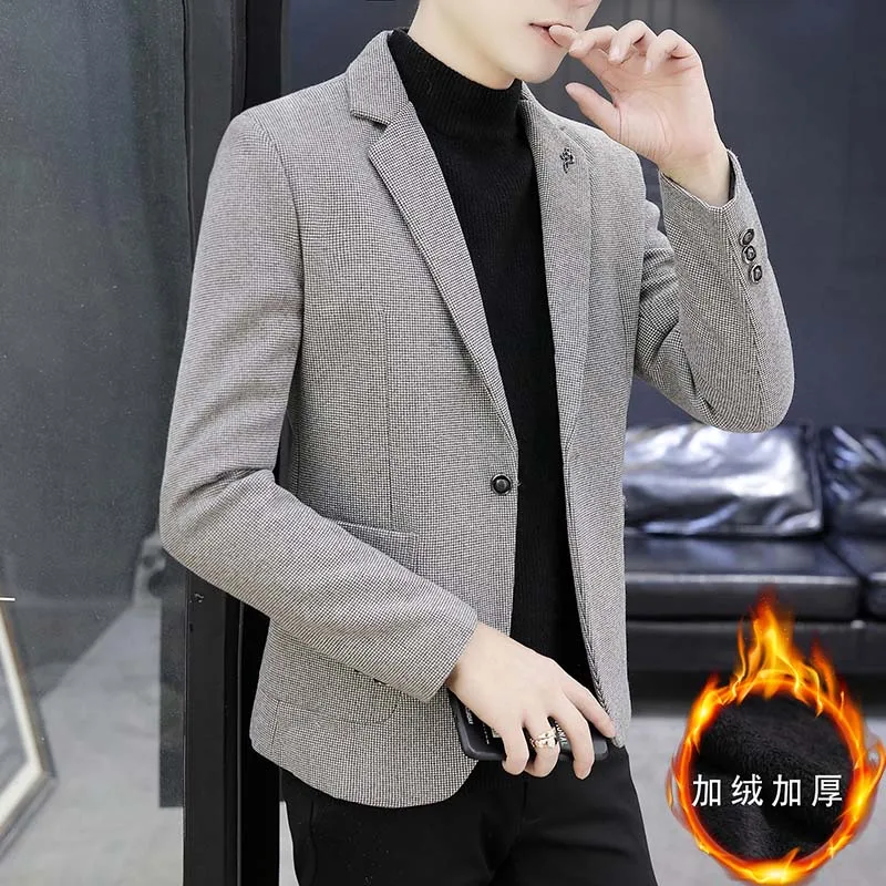 

Блейзер: Мужской флисовый пиджак в корейском стиле, универсальный, однотонный, приталенный, для деловых встреч, свадеб и повседневной носки.