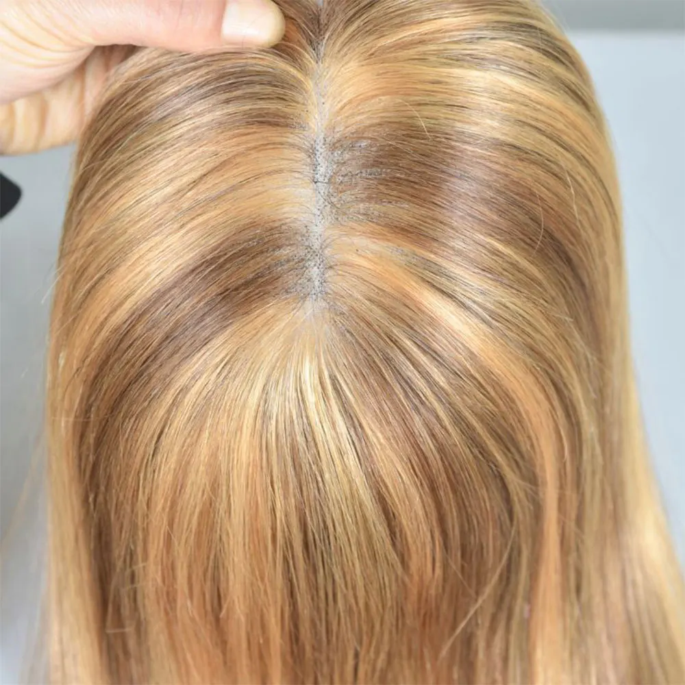 Women's Hair Piece Clip-in Human Hair Toppers for Women Straight Brown Highlight Mono Lace PU 4x6inch No Bangs 14'' Real