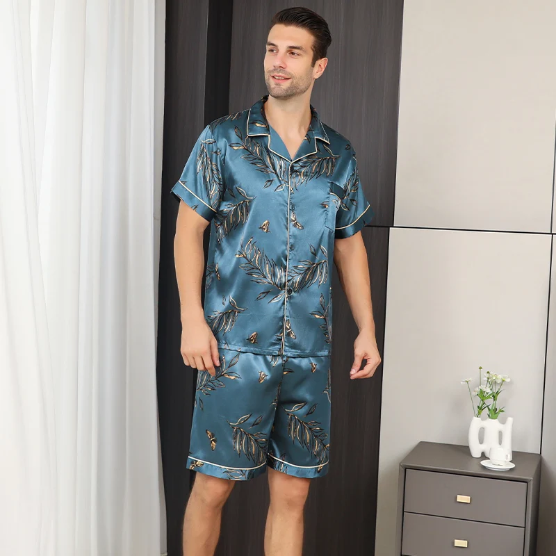 Men\'s pajamas short sleeved summer ice silk home clothing men\'s summer casual thin cardigan can be worn as a set home clothing