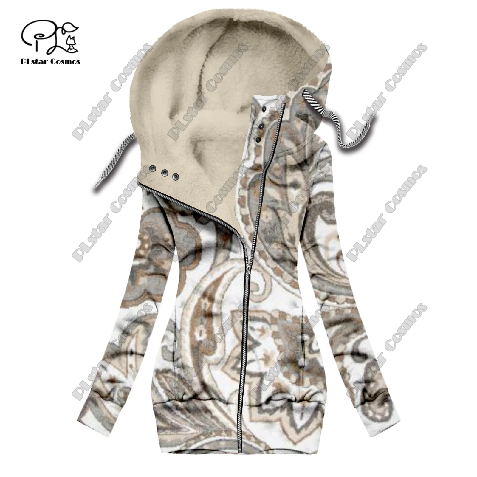 Nueva serie retro con estampado 3D, patrón de estampado de alfombra, además de terciopelo cálido, chaqueta con capucha larga con cremallera para mujer, F-5 informal para ir al trabajo en invierno