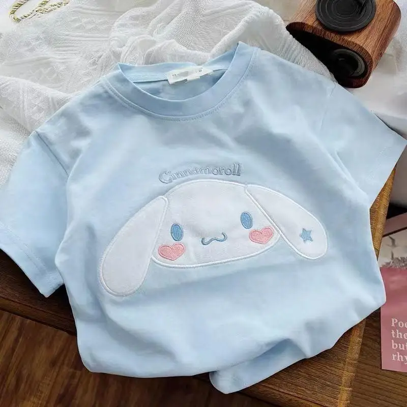 Nowy Kuromi moja melodia Cinnamoroll Sanrios dzieci lato z krótkim rękawem Anime Kawaii Cartoon dziewczyny chłopcy bawełniane t-shirty topy prezent