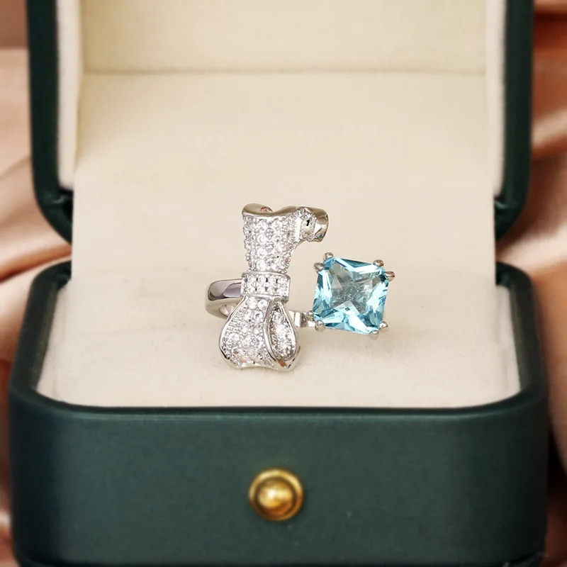 

Elegant Water Drop Pear Shape Asymmetric Bow Four-Prong Light Blue Wrap Ring Women's Opening Adjustment Engagement Gift Jewelry